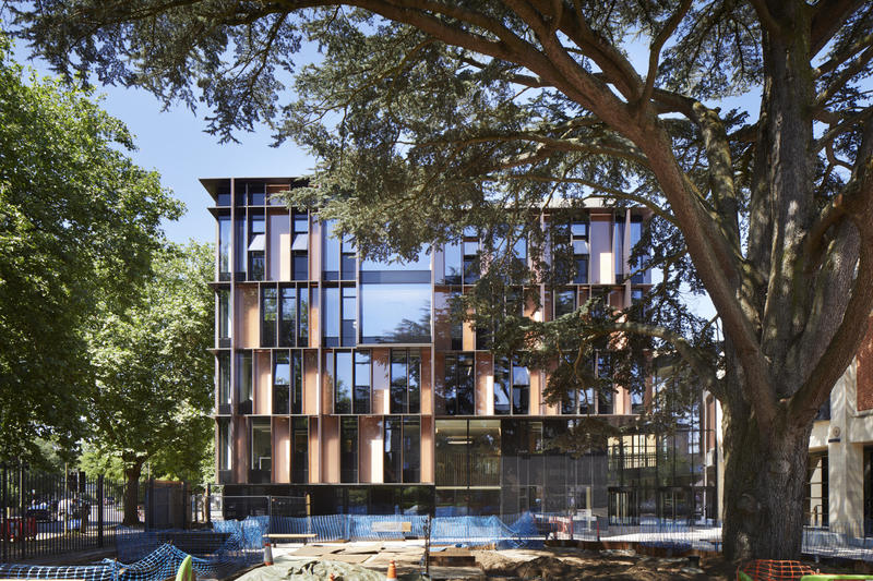 Landscape photo of the modern glass-fronted Beecroft building with a large tree in the foreground